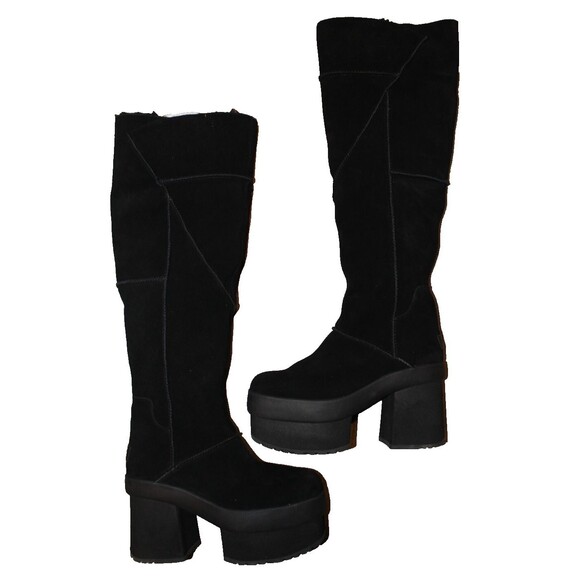 UGG Women's New Heights Platform Xtra Tall Heel Black Suede‎ Boots - Picture 1 of 7